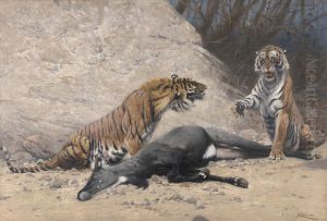 Koningstijgers met geslagen Nijlgau-antilope by Wilhelm Kuhnert