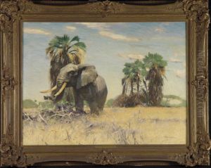 Afrikaanse olifant bij Palmyra-palmen by Wilhelm Kuhnert