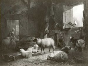 Sheep and goats in stable by Pieter Plas