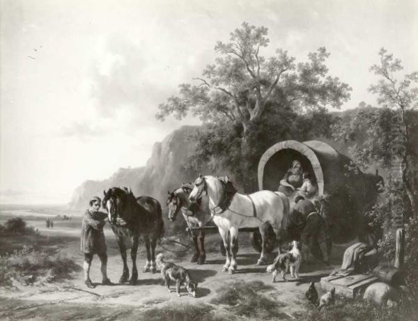 Landschap met een kleedwagen met drie paarden - view 1