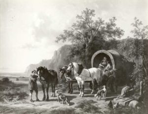 Landschap met een kleedwagen met drie paarden by Wouterus Verschuur