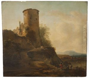 Italienskt berglandskap med borgruin, djur och figurer Italienskt berglandskap med borgruin, djur och figurer