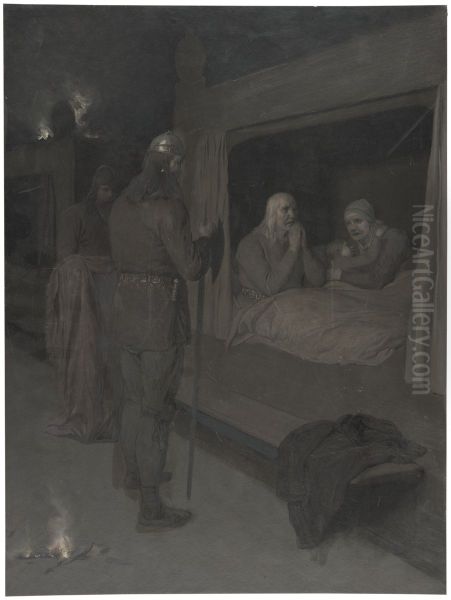 Njal, Bergthora and Thord Karisson Decide to be Burned Alive. Illustration for Njal's Saga, ch. 129 - view 1