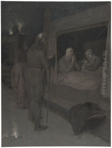 Njal, Bergthora and Thord Karisson Decide to be Burned Alive. Illustration for Njal's Saga, ch. 129