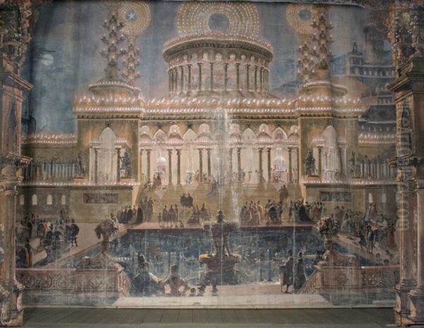 Kuliss till "Tragard till Christina", fondvagg, illuminerat palats, terrasser och fontan - view 1