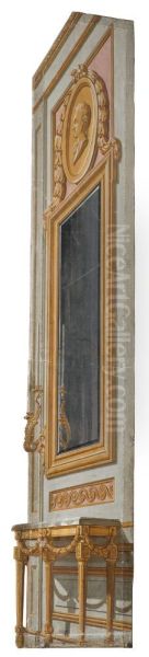 Del av "Kuliss till en kammare", 15 delar: Kuliss for vanstra delen av scenen, vagg med spegel och bord - view 1