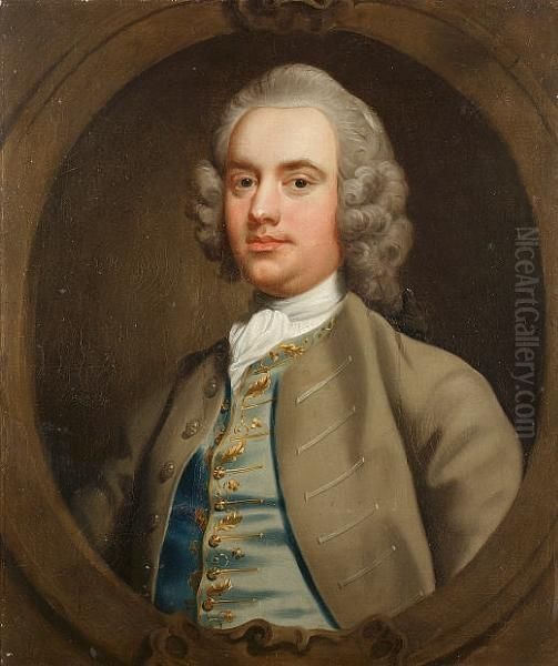 Portrait Of A Gentleman, Bust-length, In A Grey Coat With A Blue Waistcoat With Gold Embroidery And A White Cravat, In A Painted Cartouche by Mason Chamberlin