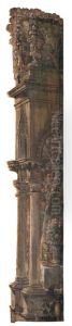 Kuliss till "Tragard till Christina", 10 delar: Kuliss for vanstra delen av scenen, del av loggia Kuliss till "Tragard till Christina", 10 delar: Kuliss for vanstra delen av scenen, del av loggia