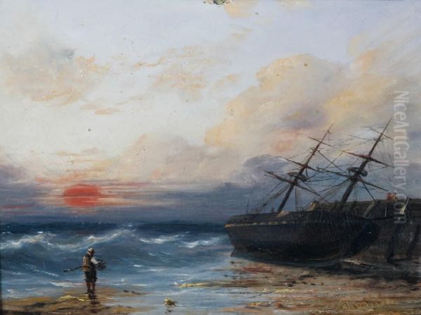 A Figure And A Ship On A Shoreline At Sunset - view 1