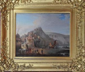 A Fishing Village With Figures, Boats And A Horsecart On The Beach In The Foreground