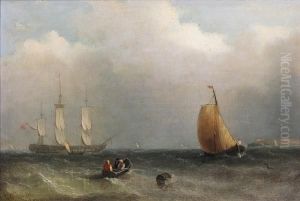 A Fishing Boat And Naval Frigate In Choppyseas by George Chambers