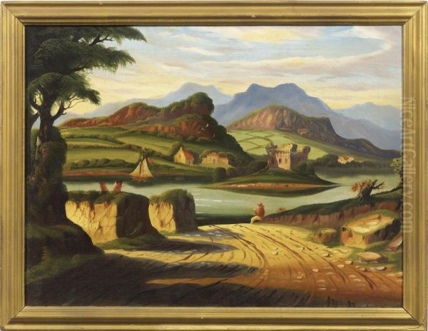 Hudson River View With Sailboat And Man Sketching - view 1