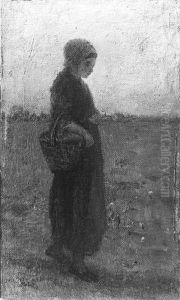 Meisje met mand op het veld by Jozef Israels
