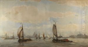 Gezicht op het Buiten-IJ naar het westen, 'Zuiderzeevaart op het Pampus'-Gezicht op Amsterdam van af het IJ by Hobbe Smith