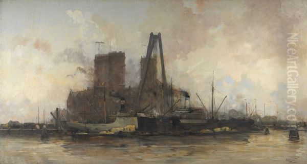 Gezicht op de kop van de Oostelijke Handelskade naar het oosten, met het gebouw van het Koninklijk Nederlandsch Meteorologisch Instituut-Havengezicht te Amsterdam - view 1