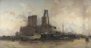 Gezicht op de kop van de Oostelijke Handelskade naar het oosten, met het gebouw van het Koninklijk Nederlandsch Meteorologisch Instituut-Havengezicht te Amsterdam by Hobbe Smith