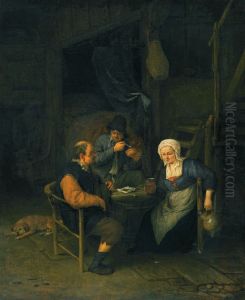 Interior with Two Boors & a Woman Conversing by Adriaen van Ostade