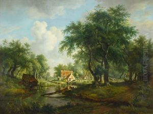Wooded landscape with farms by Jan Hulswit