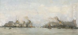 Gezicht op de IJhaven naar het oosten, met aan de kop van het IJ-eiland schepen van de Stoomvaart Maatschappij Nederland en aan de noordzijde van de Oostelijke Handelskade schepen van de Hollandsche Stoomboot Maatschappij by Hobbe Smith