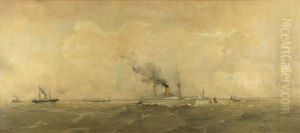 Gezicht op de pieren bij IJmuiden naar het oosten-Schip voor de pieren te IJmuiden
