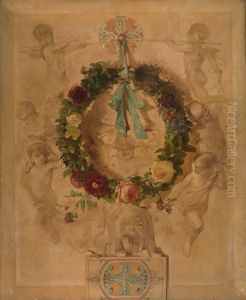 Engelengroep met bloemkrans (dessus de porte) Engelengroep met bloemkrans (dessus de porte)