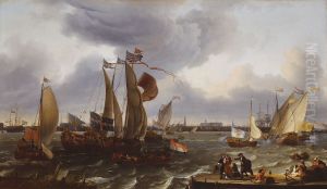 Parade van jachten op het IJ-De inscheping van koning-stadhouder Willem III-Parade of barges on the IJ