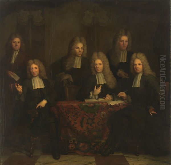 De regenten van het Leprozenhuis-Vier regenten, de boekhouder en de binnenvader van het Leprozenhuis - view 1