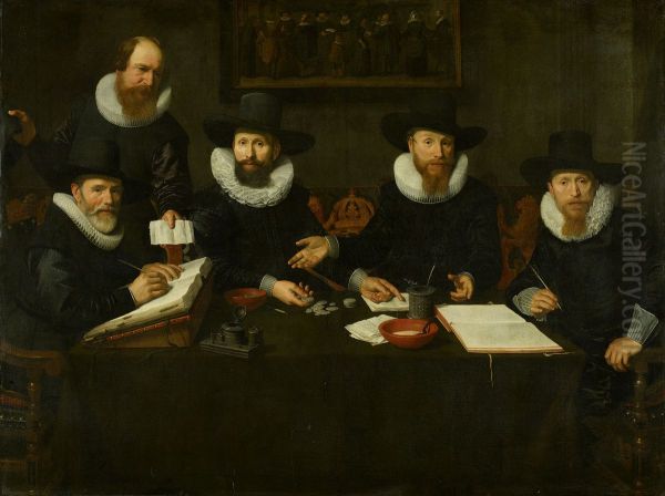 De regenten van het Spinhuis-Vier regenten en de binnenvader van het Spinhuis-The Governors of the Spinhuis-Four Governors and a House Father of the Spinhuis prison - view 1