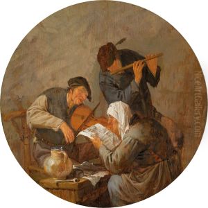 Singing and music making peasants in an interior by Adriaen van Ostade