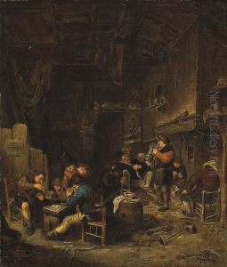 Tavern interior with peasants playing cards, smoking and drinking by Adriaen van Ostade