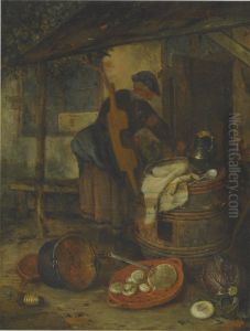 A Maid by a Door with a Barrel and Vegetables by Adriaen van Ostade