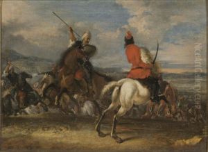 A cavalry battle between turks and christians, a turk raising his spear by Johann Philipp Lemke