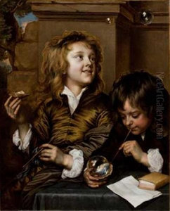 Two Boys Blowing Bubbles. Two Boys Blowing Bubbles.