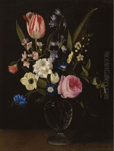 Still life with a rose, a tulip, a cornflower, morning glory, primuli and other flowers in a glass vase on a ledge. by Maria Theresia Van Thielen