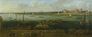 A Panoramic View of Lambeth Palace seen across the Thames with Figures in the Foreground and St. Paul's Cathedral in the Distance. A Panoramic View of Lambeth Palace seen across the Thames with Figures in the Foreground and St. Paul's Cathedral in the Distance.