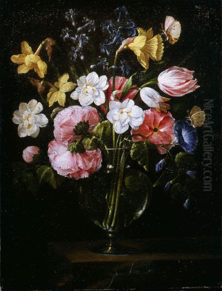 Roses, Clematis, a Tulip and other flowers in a Glass Vase on a wooden Ledge with a Butterfly. - view 1
