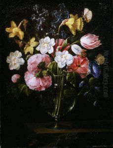 Roses, Clematis, a Tulip and other flowers in a Glass Vase on a wooden Ledge with a Butterfly. by Juan De Arellano