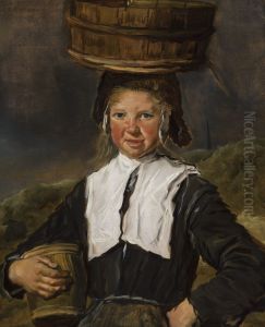 Portrait of a fisher girl with basket on her head by Frans Hals