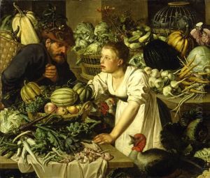 Market scene with a woman and a man surrounded by fruit, vegetables and poultry by Pieter Cornelisz van Rijck