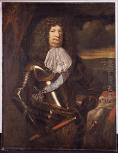Friedrich Wilhelm I of Prussia posing with thebattle of Fehrbellin