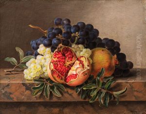 Pomegranates and green and blue grapes on a marble frame by Johan Laurentz Jensen