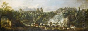 Landscape with Tivoli waterfall and rocky crag in the shape of a rabbit with cows