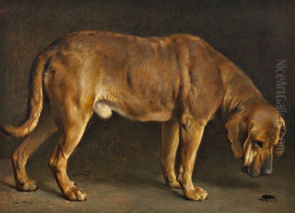 A Broholmer dog looking at a stag beetle - view 1