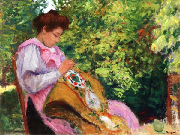 Girl Embroidering, Seated in a Garden - view 1