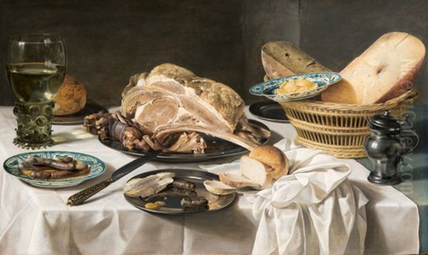 Stilleven met Kasseler rib, worstjes, oude kaas, brood tinnen tafelgoed en groot wijnglas - view 1