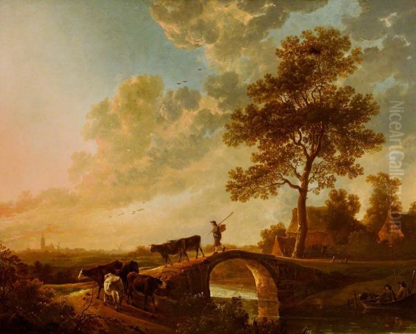 A Herdsman Driving Cattle over a Bridge - view 1