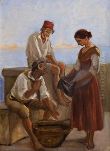 En ung pige og to fiskere by Wilhelm Marstrand