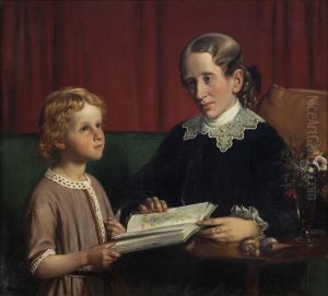 Miss Annette Hage (1814-1857) shows her nephew Hother Hage (1849-1904) a book on plants by Wilhelm Marstrand