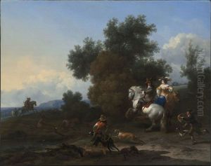Landscape with an Elegant Hunting Party on a Stag Hunt by Nicolaes Pieterszoon Berchem