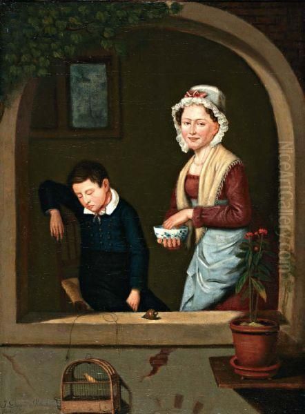 Meisje En Slapende Jongen Bij Het Venster - view 1